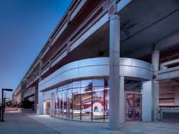 Entrance to the Floyd Street Garage on a clear night